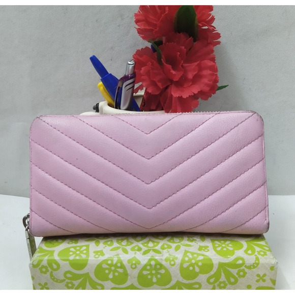 Rebecca Minkoff Pink Leather Chevron Quilted Zip Around Credit Card Wallet - Picture 2 of 16